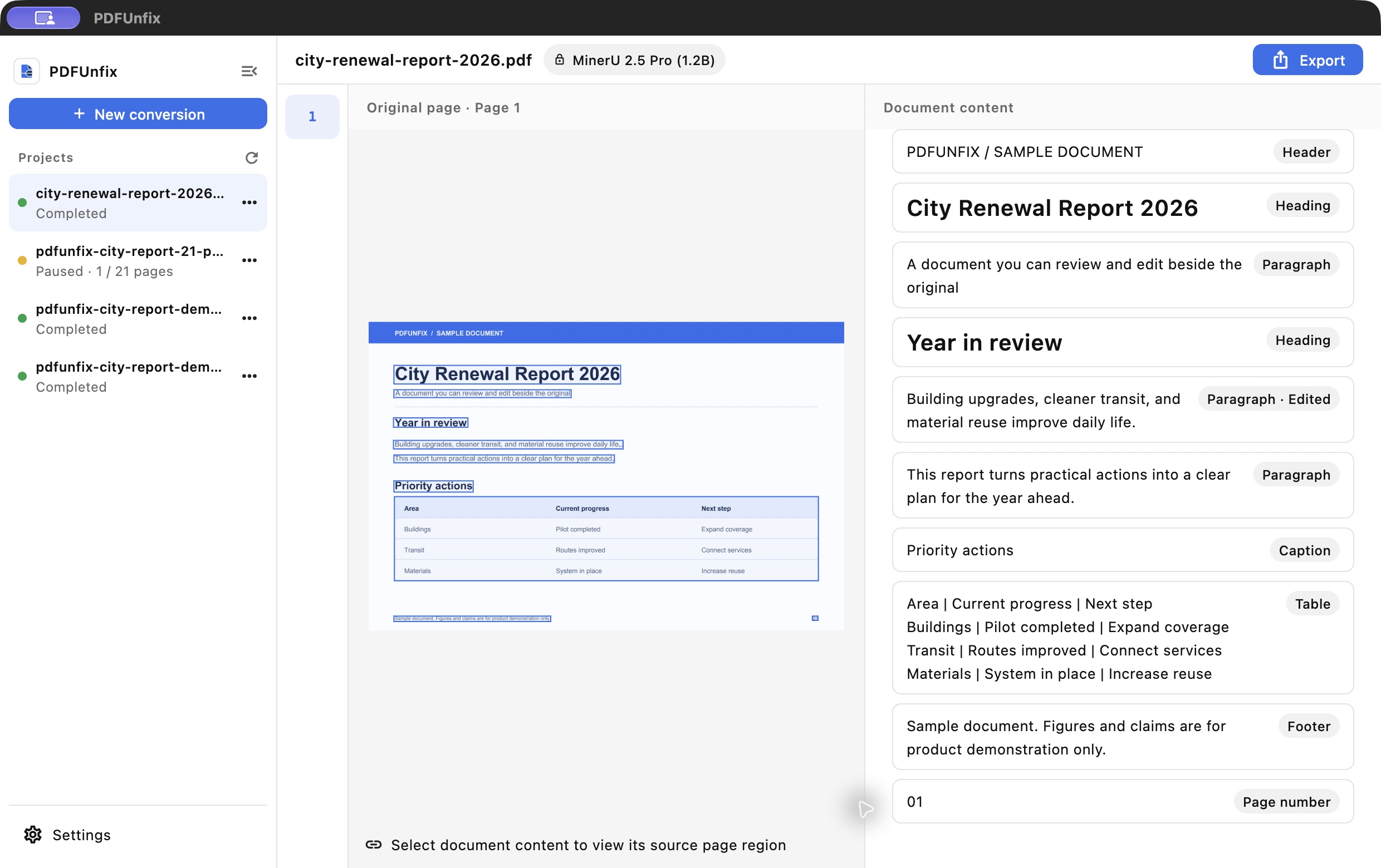 PDFUnfix workbench interface